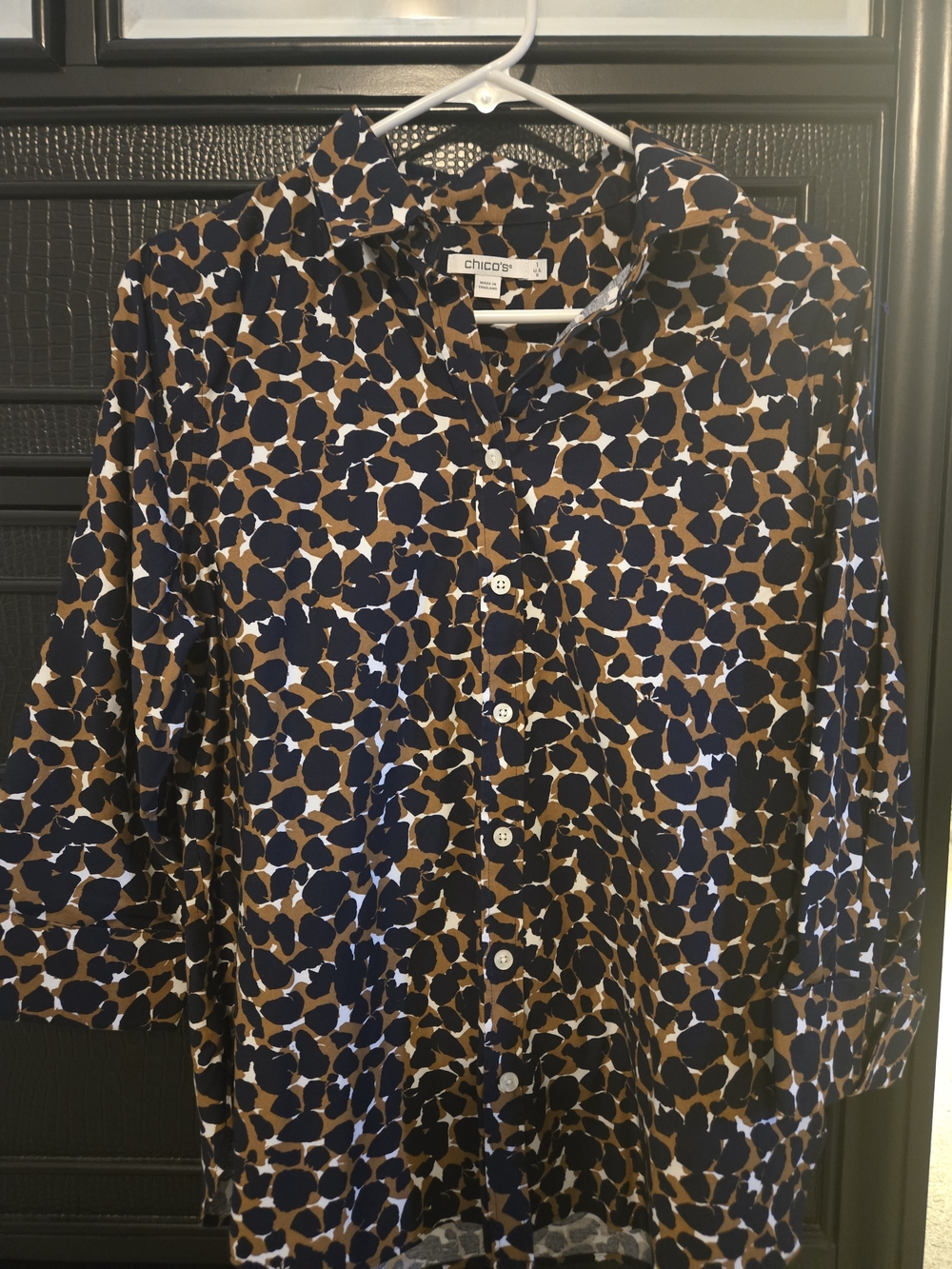 Chico's Animal Print Button-Up Blouse in Black, Brown & White